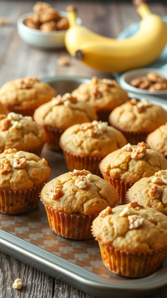 Freshly baked vegan banana bread muffins on a wooden table, with bananas and walnuts.